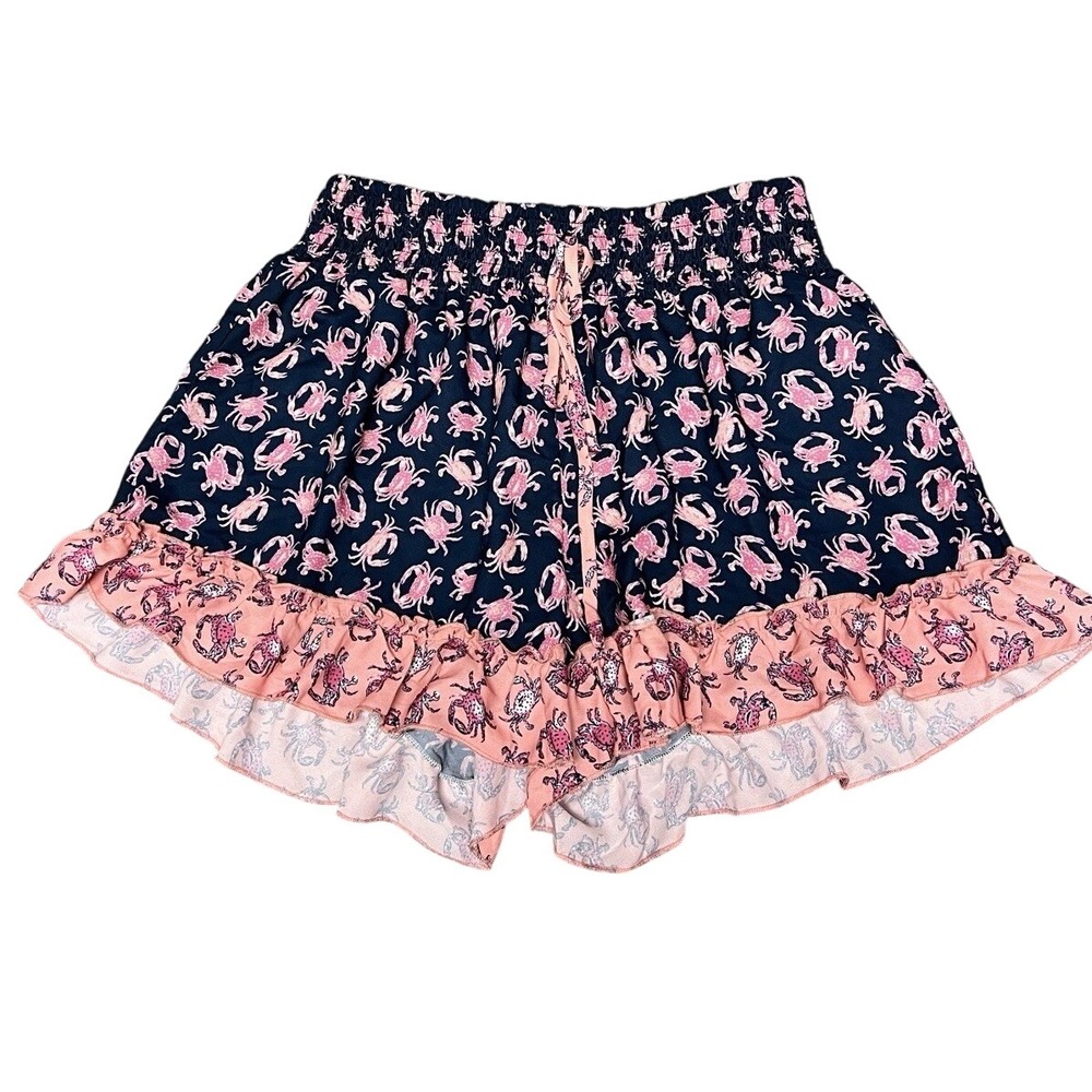 Simply Southern Collection Ruffle Shorts OS Pink Crab Navy Preppy Beach Summer